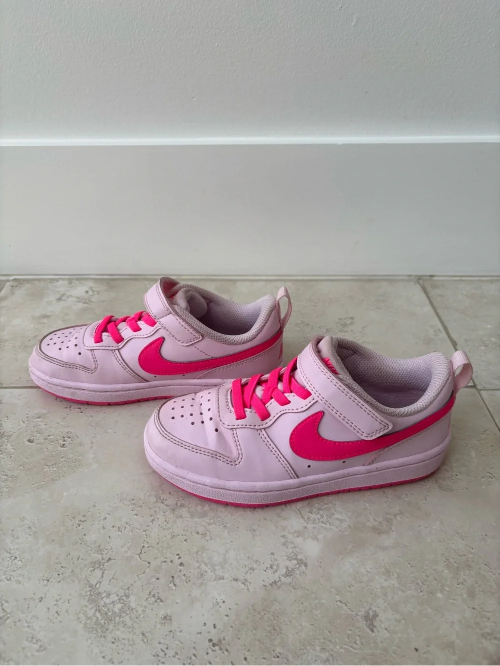 Nike Kids Pink Sneakers with Hot Pink Swoosh and Laces